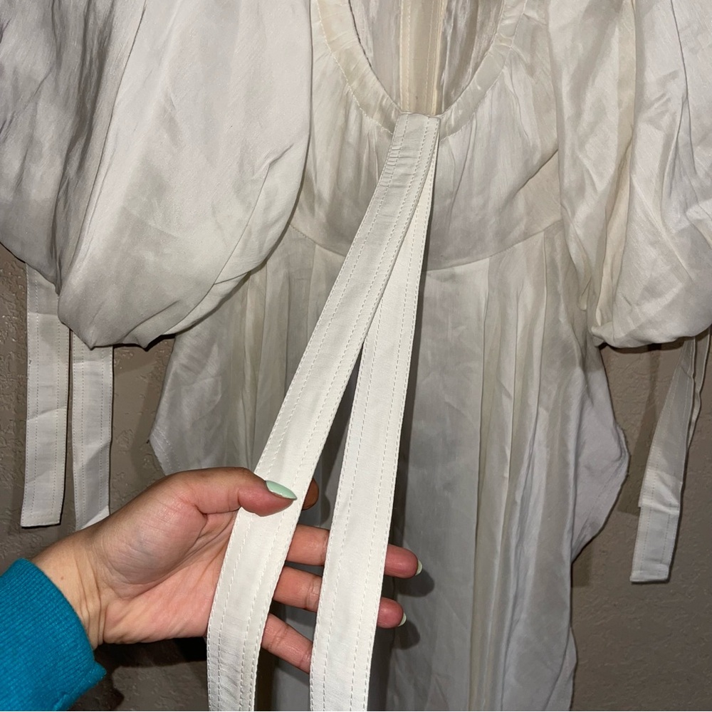 Aje | Silk Linen Puff Sleeve Train Backside Top In Cream Size: US 4 - Picture 6 of 11